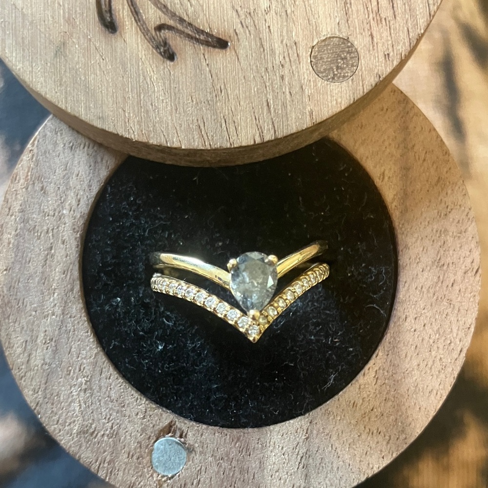 Salt and pepper diamond with attached diamond band engagement ring